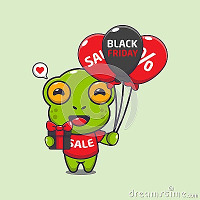 cute frog with gifts and balloons in black friday sale cartoon vector illustration. Vector Illustration