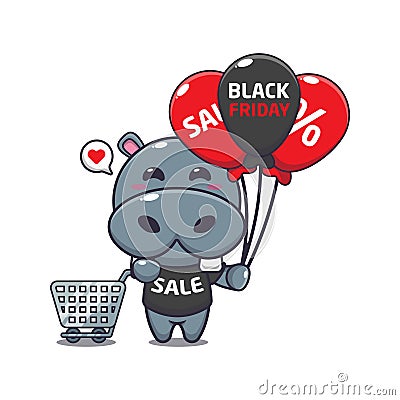 cute hippo with shopping cart and balloon at black friday sale cartoon vector illustration. Vector Illustration