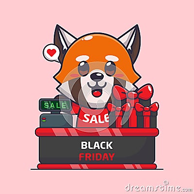 cute red panda with cashier table in black friday sale cartoon vector illustration. Vector Illustration