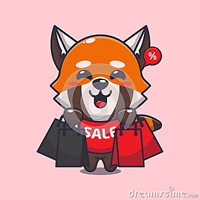 cute red panda with shopping bag in black friday sale cartoon vector illustration. Vector Illustration