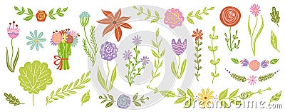 isolated vector easter floral elements, easter borders, spring flowers, floral frames, childish spring cartoon clipart greeting ca Vector Illustration