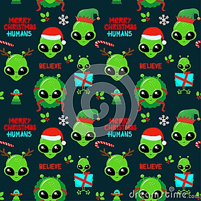 Merry Christmas humans - Cute green cartoon alien seamless pattern. Vector Illustration