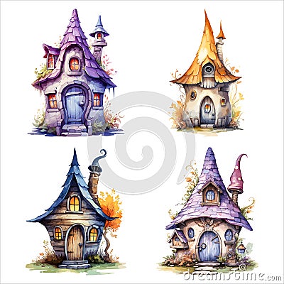Fantasy Sorcerer's Hut watercolor illustration, Halloween decorative elements, Vector Illustration Vector Illustration
