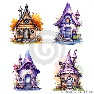 Fantasy Sorcerer's Hut watercolor illustration, Halloween decorative elements, Vector Illustration Vector Illustration