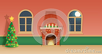 Christmas interior - home with fireplace, Christmas tree and windows - vector illustration Vector Illustration
