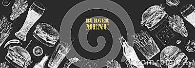 Burger Menu. Hand-drawn illustration of dishes and products. Ink. Vector Vector Illustration