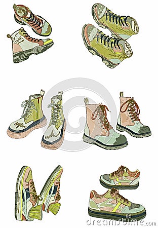 Stickers icons fashion sneakers pattern clothings boutique sport travel shoes Vector Illustration