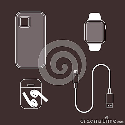 accessories for smartphones: case, charging cable, smartwatches, wireless headphones Stock Photo