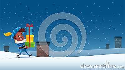 Saint Nicholas or Sinterklaas on roof - bring gifts via chimney Saint Nicholas day - winter scene Vector Illustration