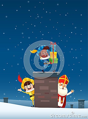 Saint Nicholas or Sinterklaas and friends on roof - bring gifts via chimney Saint Nicholas day - winter scene Vector Illustration