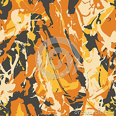 Red orange and yellow colors camouflage with dry brush strokes, seamless pattern. Urban camo texture. Vector Vector Illustration