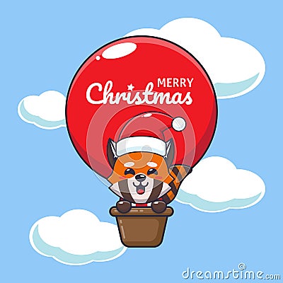 Cute red panda fly with air balloon. Cute christmas cartoon character illustration. Vector Illustration