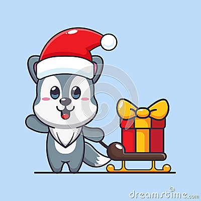 Cute wolf carrying christmas gift box. Cute christmas cartoon character illustration. Vector Illustration