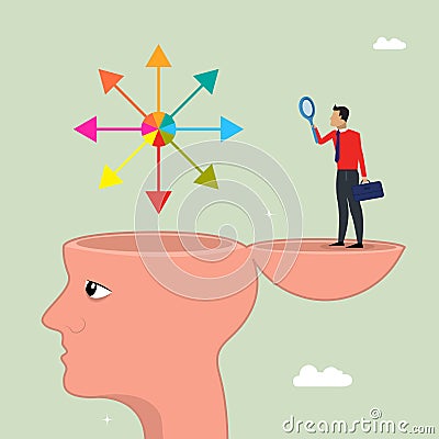 Business man analysis man open head, distract, many path, frustration and feeling doubt concept Vector Illustration