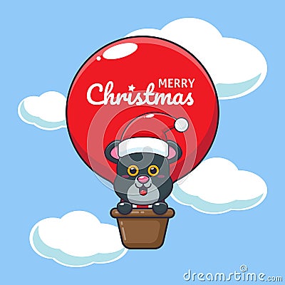 Cute panther fly with air balloon. Cute christmas cartoon character illustration. Vector Illustration