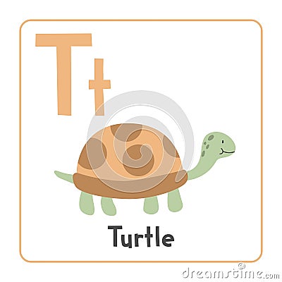 Turtle clipart. Turtle vector illustration cartoon flat style. Animals start with letter T. Animal alphabet card Vector Illustration