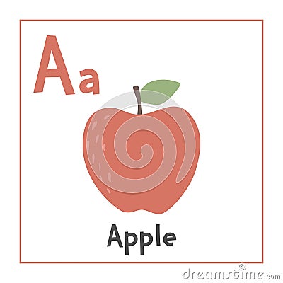 Apple clipart. Apple vector illustration cartoon flat style. Fruits start with letter A. Fruit alphabet card Vector Illustration