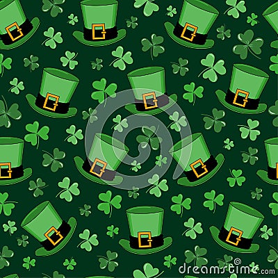 Leprechaun hat and clover leaf seamless pattern. Happy St. Patrick's Day! Vector Illustration