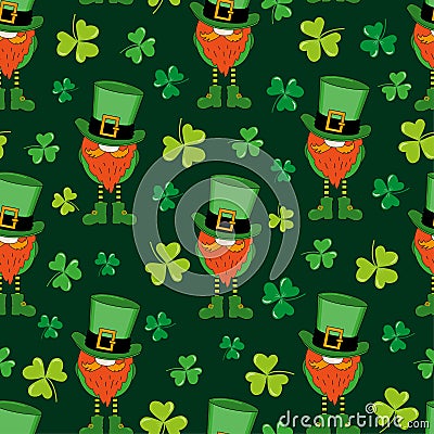 Leprechaun and clover leaf seamless pattern. Happy St. Patrick's Day! Vector Illustration