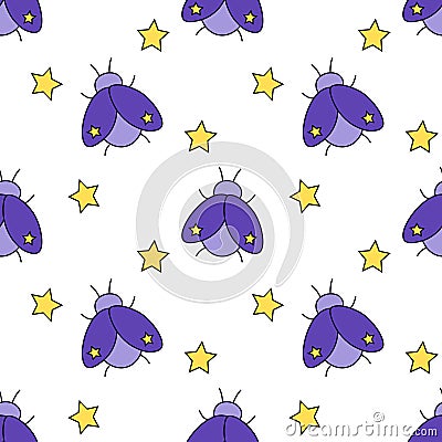 Seamless pattern with mystical bugs and stars. Celestial violet insects. Magic bohemian background. Vector Flat illustration. Vector Illustration