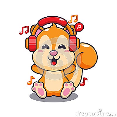 Cute squirrel listening music with headphone cartoon vector illustration. Vector Illustration