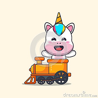 Cute unicorn ride on train cartoon vector illustration. Vector Illustration