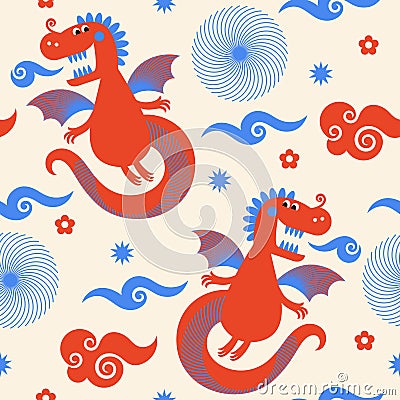 Seamless pattern with cute funny dragons. Vector Illustration