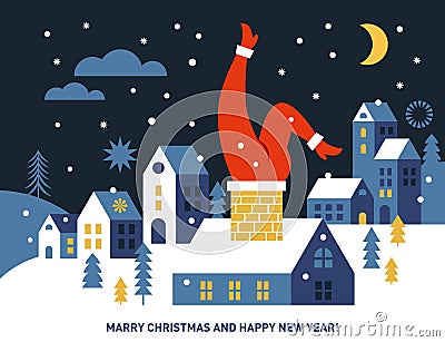 Christmas and New Year Greeting card. Santa Coming Down the Chimney Vector Illustration