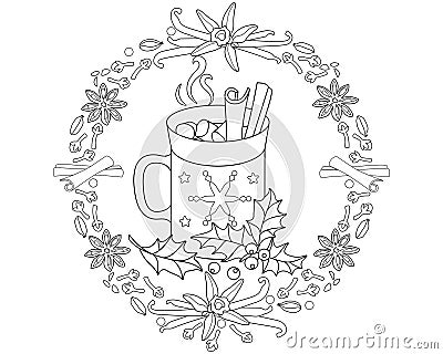 A cup of hot drink with cinnamon and marshmallows decorated with holly in a spice frame - vector linear illustration. Vector Illustration