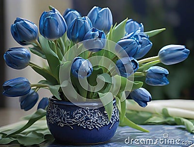 blue tulips in beautiful blue pots Stock Photo