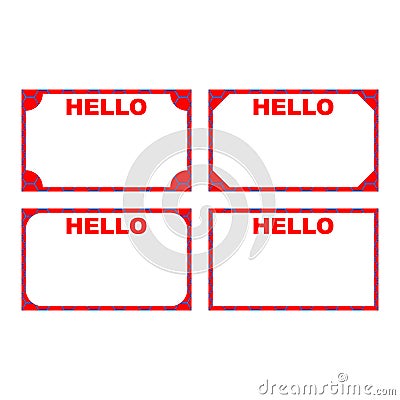 Set of four frames with the words hello and hello in red color. Identity sticker on a white background. Vector illustration. Vector Illustration