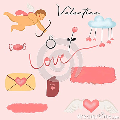 Sticker Set Valentine Day Stickers Signs Love Cupid Wings Cloud Flower Envelope Vector Illustration