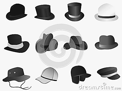 Set of various black and gray color hats Cartoon Illustration