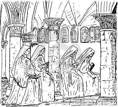 Medieval nuns at evening prayer Cartoon Illustration