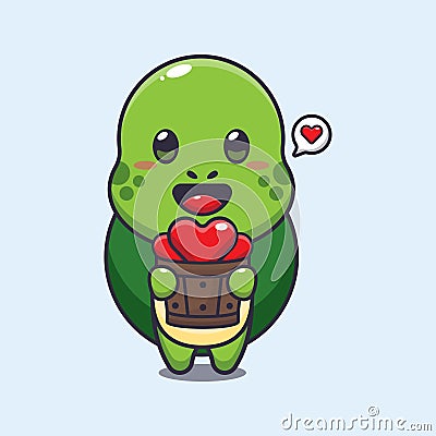 Cute turtle cartoon character holding love in wood bucket. Vector Illustration
