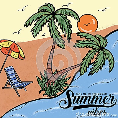 Sunset Beach Wave Beach Summer Surfing Paradise. Vector Illustration