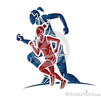Marathon Runner Women Start Running Action Cartoon Sport Graphic Vector Illustration