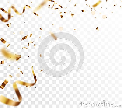 Gold confetti and ribbon, celebrations banner, isolated on transparent background Vector Illustration