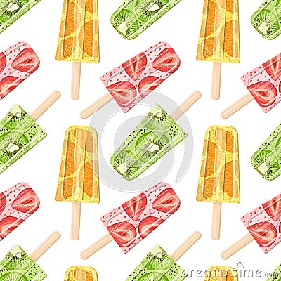 Fruit ice cream on a stick. Orange, kiwi and strawberry. Vector Illustration