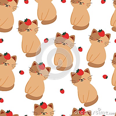 seamless pattern cartoon cat and strawberry Vector Illustration