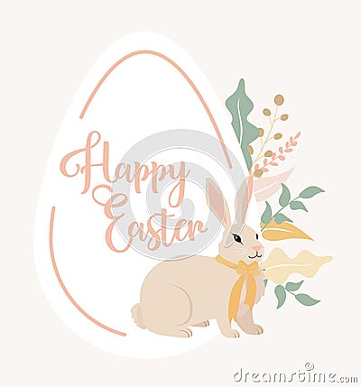 Easter bunny with flower design and easter egg in pastel colours. Happy Easter banner, poster, post greeting card. Vector Illustration