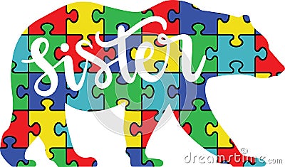 Autism sister bear, autism awareness, proud autism, autism day, vector illustration file Vector Illustration