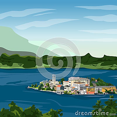Houses in the middle of an Italian lake, with mountains and clouds and the sun in the afternoon Vector Illustration