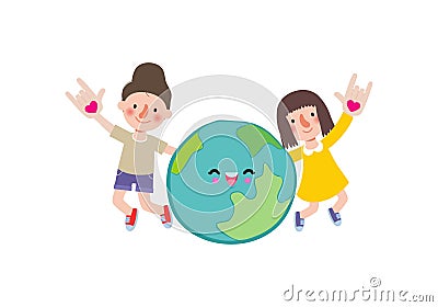 Earth day, cute kids save the world, world environment day, on white background vecter illustration flat style. Vector Illustration