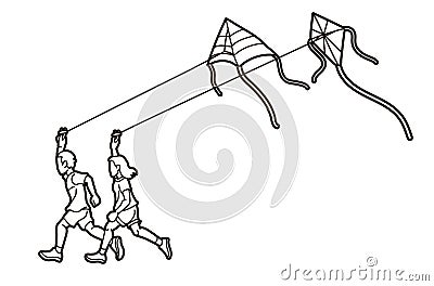 Boy and Girl Running Fly a Kite Cartoon Graphic Vector Vector Illustration