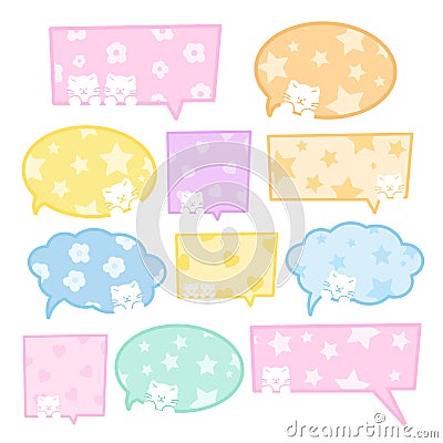 Pastel text bubbles with cat, flower, star, heart pattern for cartoon, comic, messages, chat, masking tape, animal print, pet shop Vector Illustration