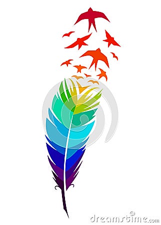 Print art concept colorful design tattoo black feather flying birds swallows silhouette. Vector illustration fly magical pen write Cartoon Illustration