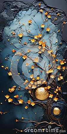 Golden Circle Of Leaves: A Dark Turquoise And Gray Fantasy Stock Photo