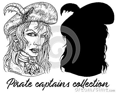 Beautiful pirate captain woman and sillhouette isolated on white. Vector Illustration