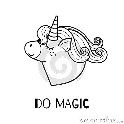 Do magic black and white print for kids with a cute unicorn. Poster in outline with a magic horse Vector Illustration